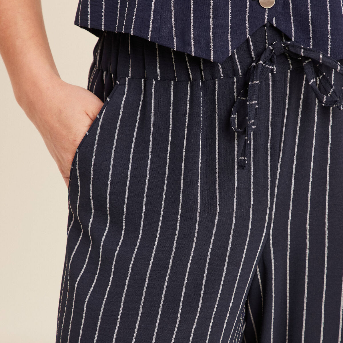 Pantalon large taille haute bleu foncé femme