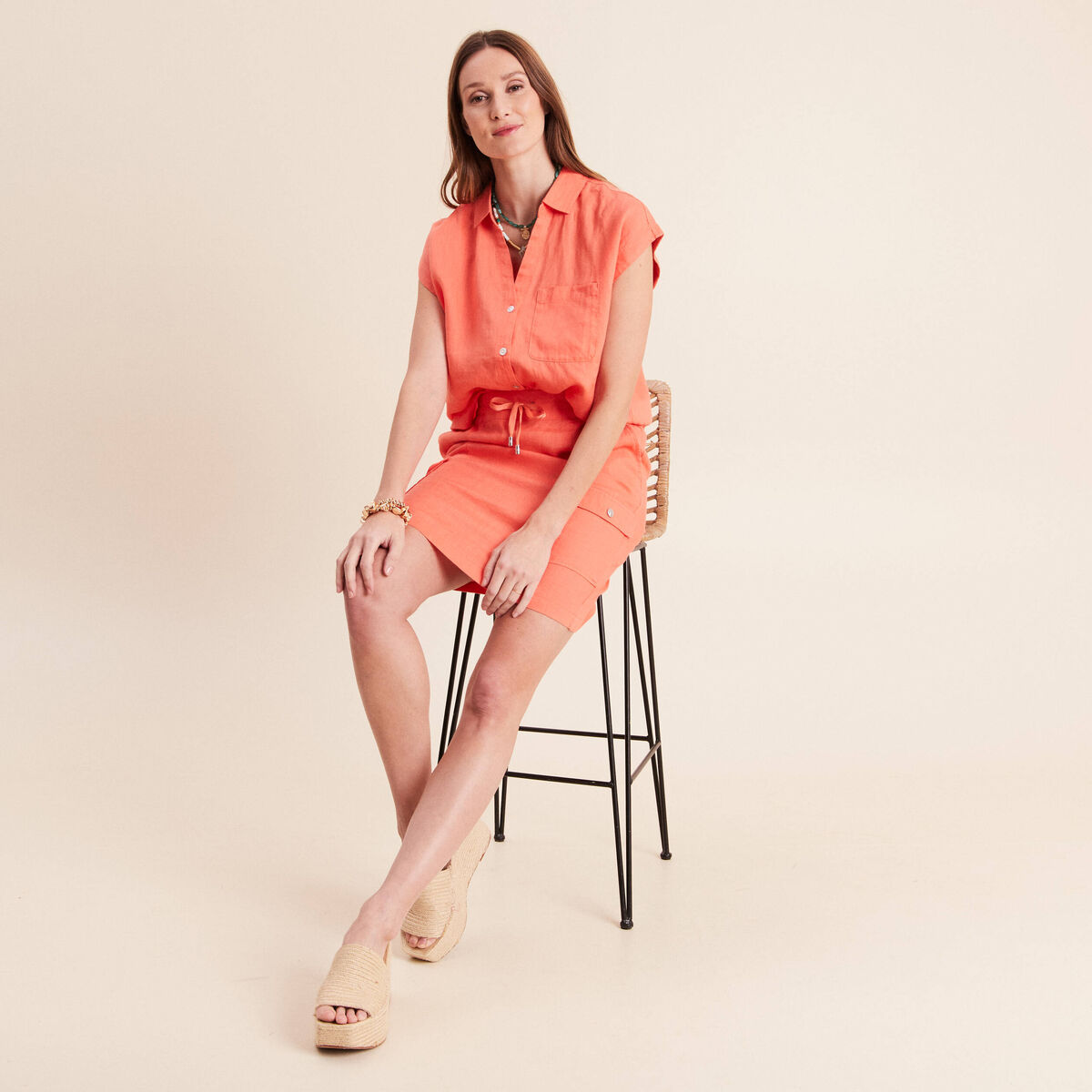 Chemise ample manches courtes aspect lin orange fluo femme