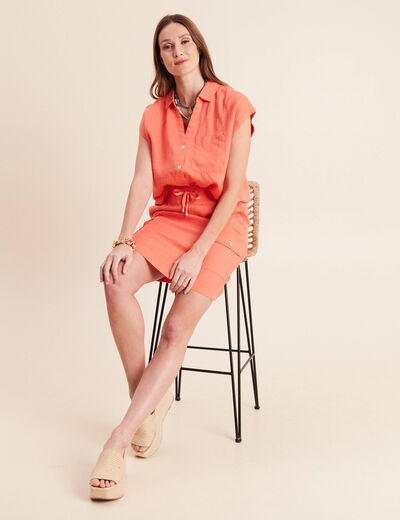 Chemise ample manches courtes aspect lin orange fluo femme