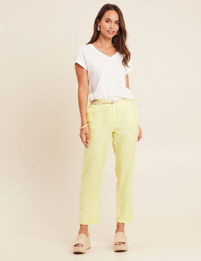 Pantalon coupe chino en lin ceintur&eacute; jaune clair femme
