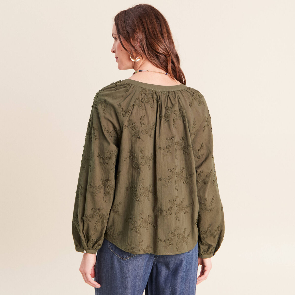 Blouse ample manches longues fluide vert kaki femme