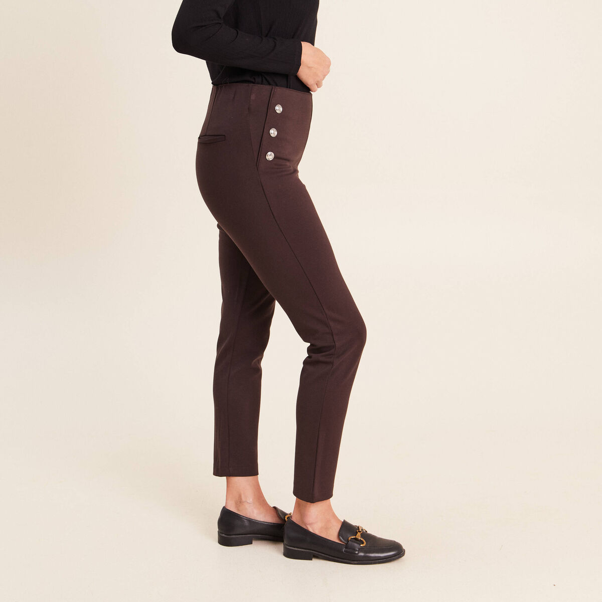 Legging 7/8&egrave;me taille bascul&eacute;e en maille marron fonc&eacute; femme