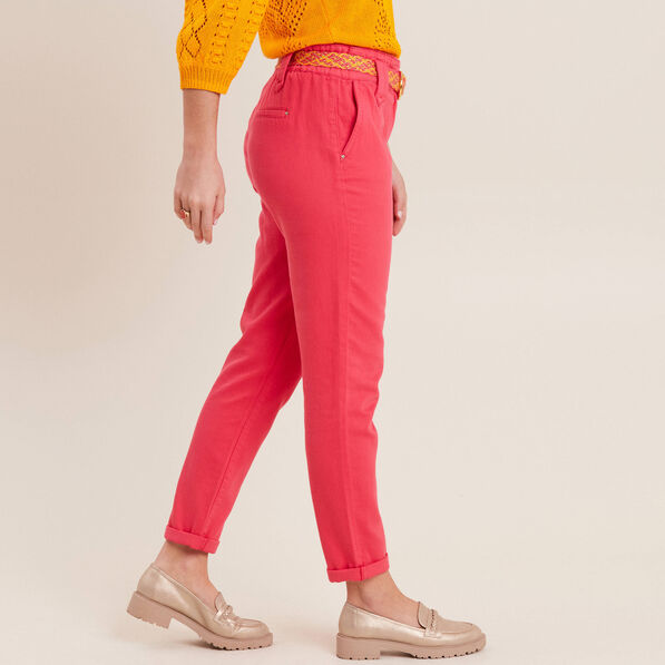 pantalon carotte ceinture rose cerise femme Pantalon carotte ceinturé rose cerise femme