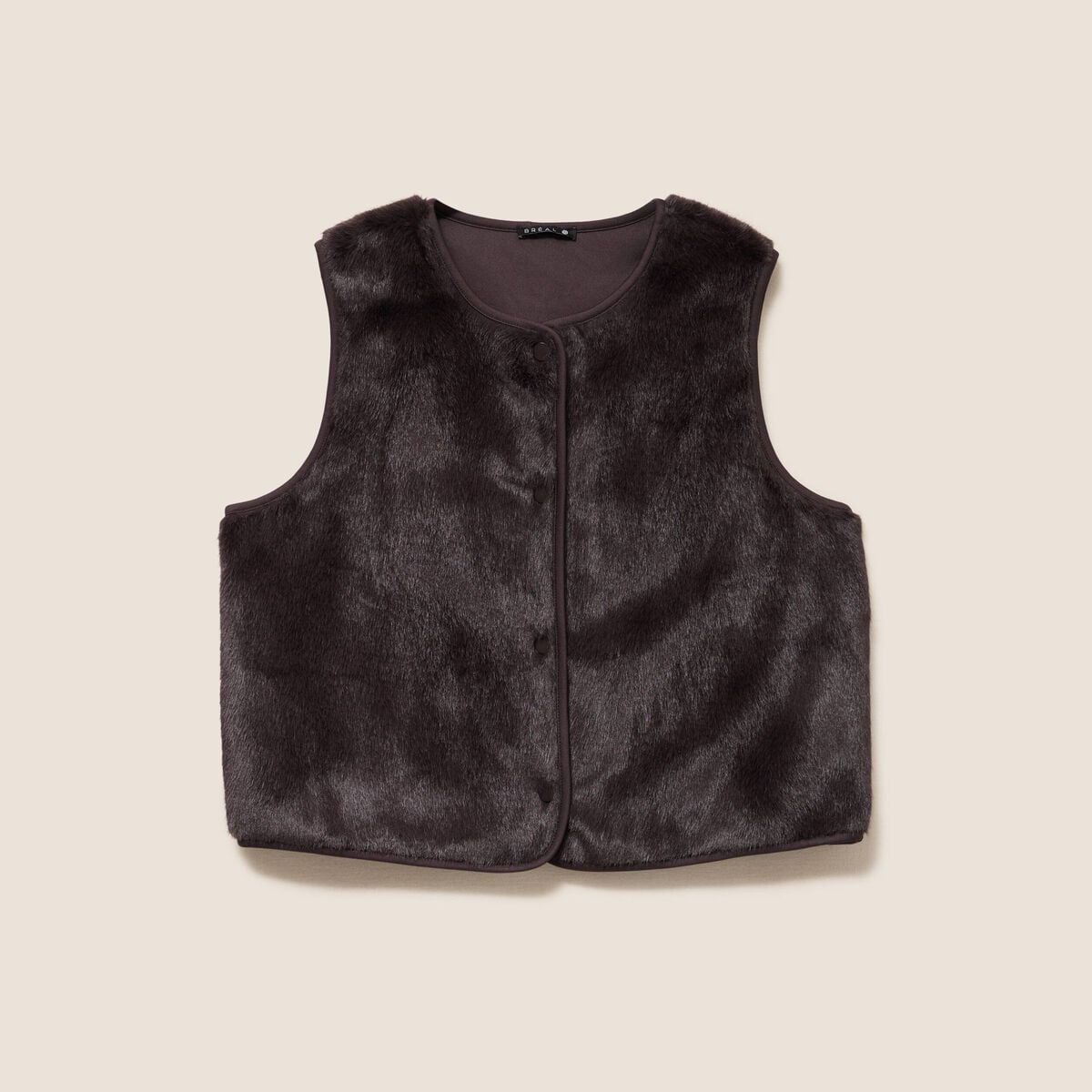 Gilet droit sans manches fausse fourrure marron fonc&eacute; femme