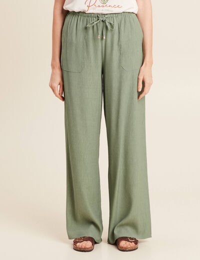 Pantalon large fluide vert kaki femme
