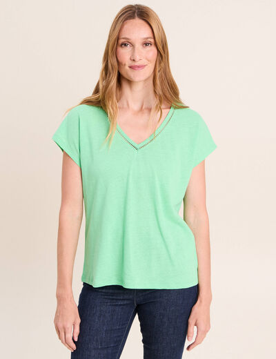 T-shirt col v manches courtes aspect lin vert fluo femme