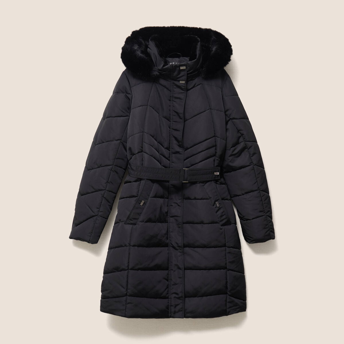 Doudoune cintr&eacute;e &agrave; capuche doubl&eacute;e noir femme