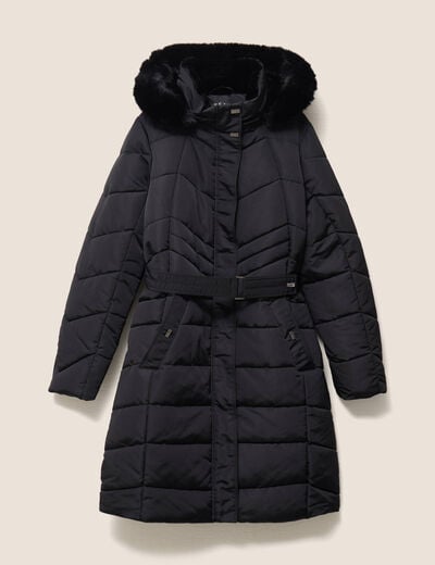 Doudoune cintr&eacute;e &agrave; capuche doubl&eacute;e noir femme