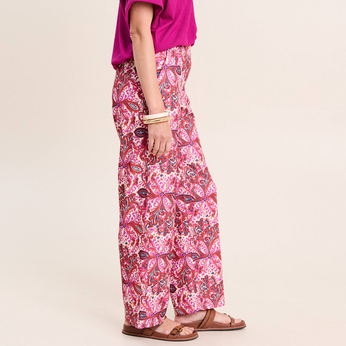 Pantalon large taille haute rose corail femme