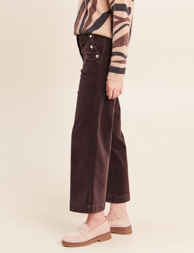 Pantalon large velours c&ocirc;tel&eacute; marron fonc&eacute; femme
