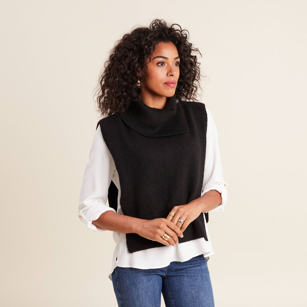 Plastron tricoté col boutonné noir femme