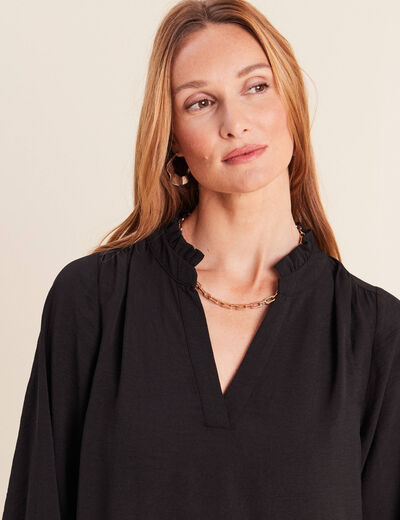 Robe courte &eacute;vas&eacute;e col v manches longues noir femme