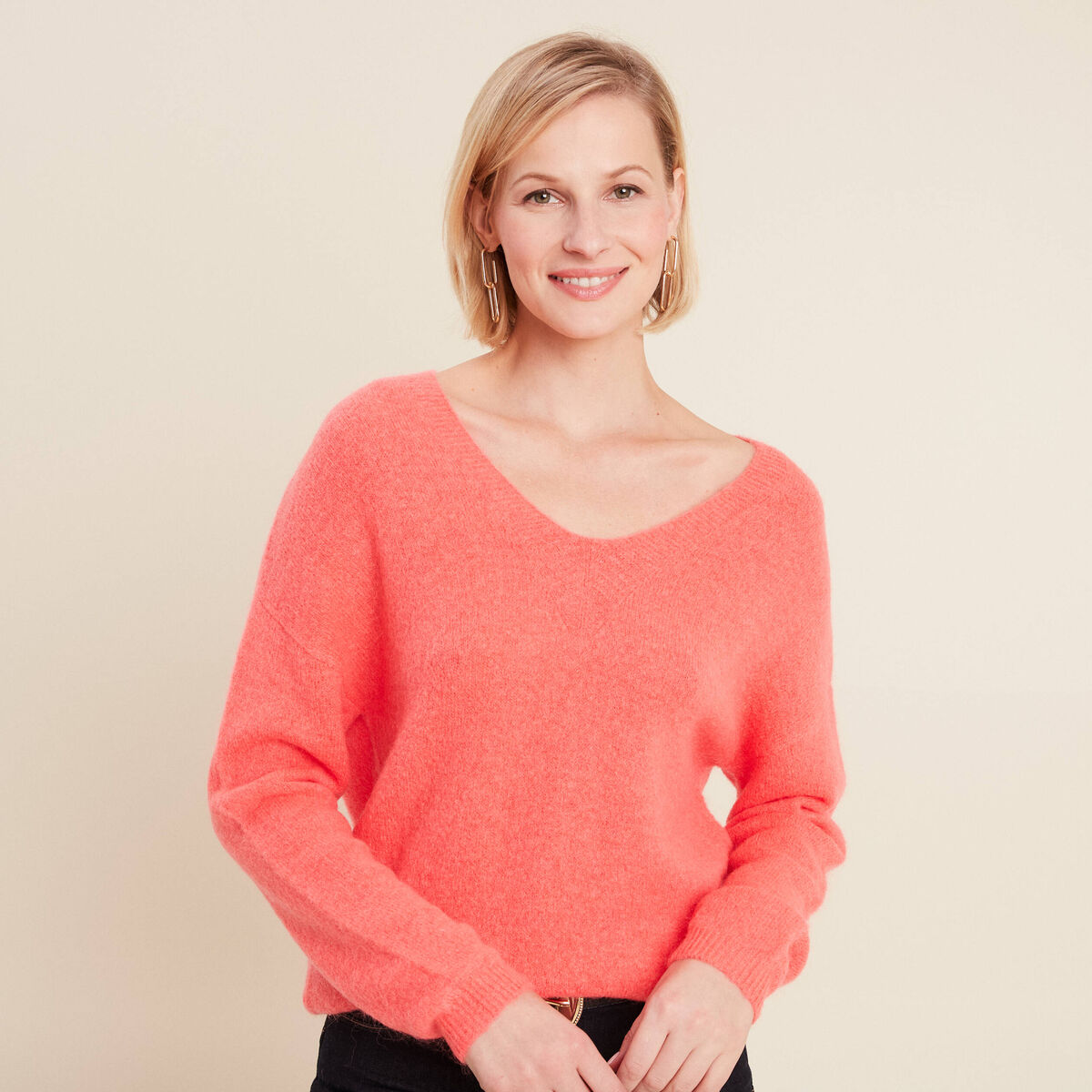 Pull manches longues rose vif femme
