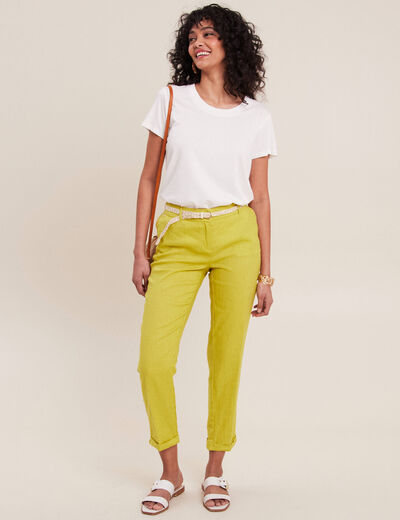 Pantalon flou ceinturé vert anis femme