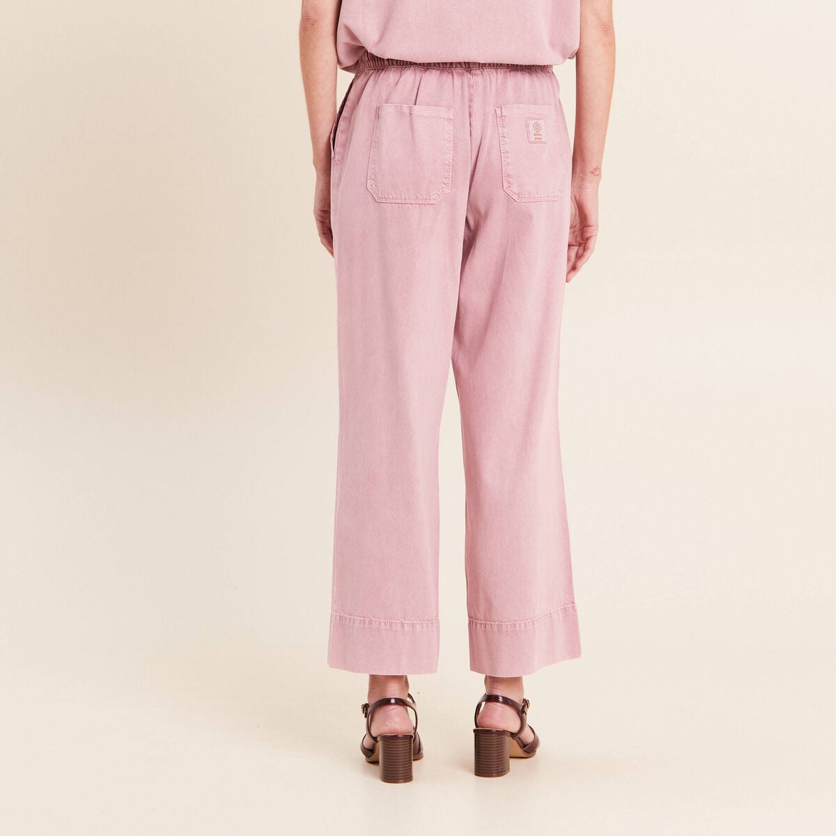 Pantalon large taille haute fluide rose femme