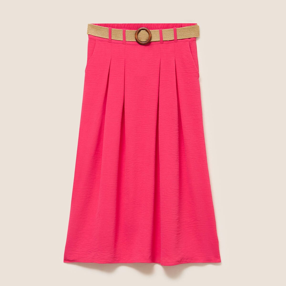 Jupe longue évasée ceinturée rouge corail femme