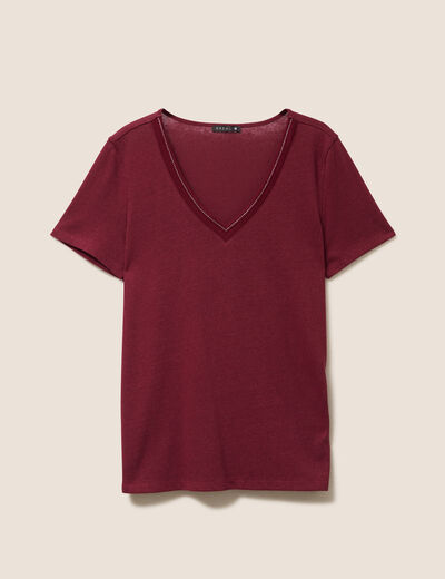 T-shirt manches courtes col en V bordeaux femme