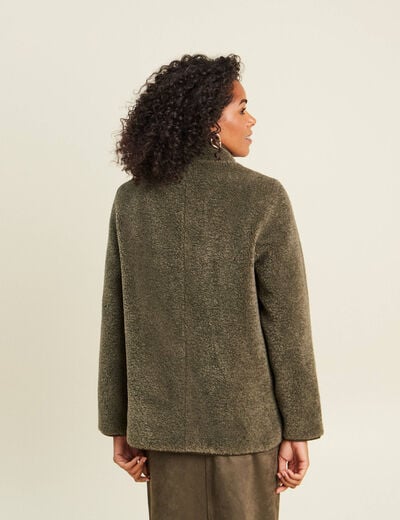 Manteau bouclette doubl&eacute; manches longues vert kaki femme