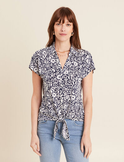 Blouse manches courtes nouée bleu femme