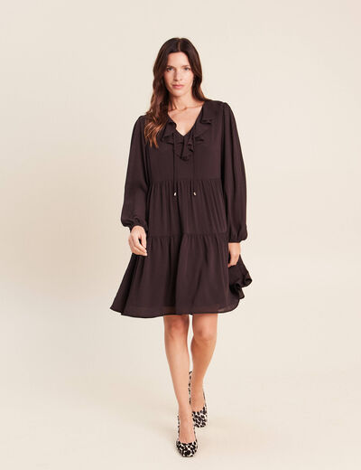 Robe courte &eacute;vas&eacute;e col v manches longues marron fonc&eacute; femme