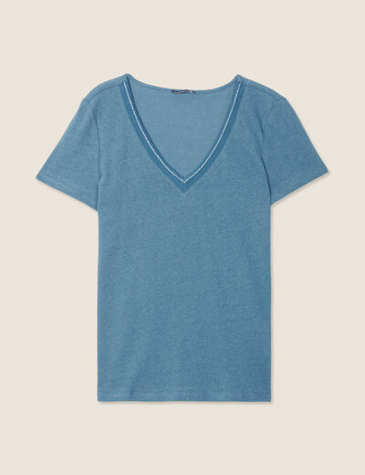 T-shirt manches courtes col en V bleu pétrole femme