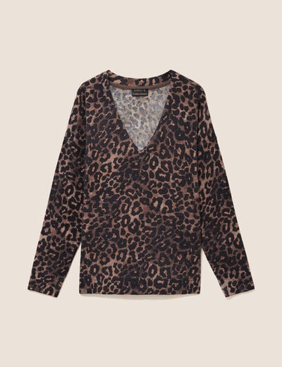 Pull col v marron femme