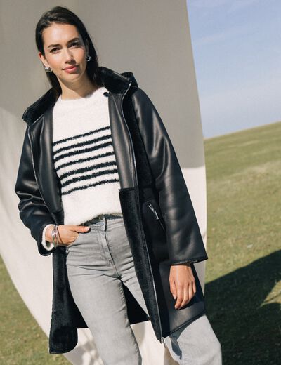 Manteau fausse fourrure capuche amovible noir femme