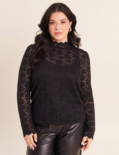 T-shirt cintr&eacute; col montant dentelle noir femme