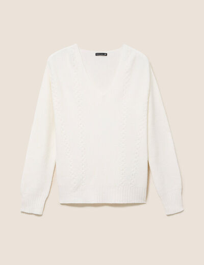 Pull col v manches longues ecru femme