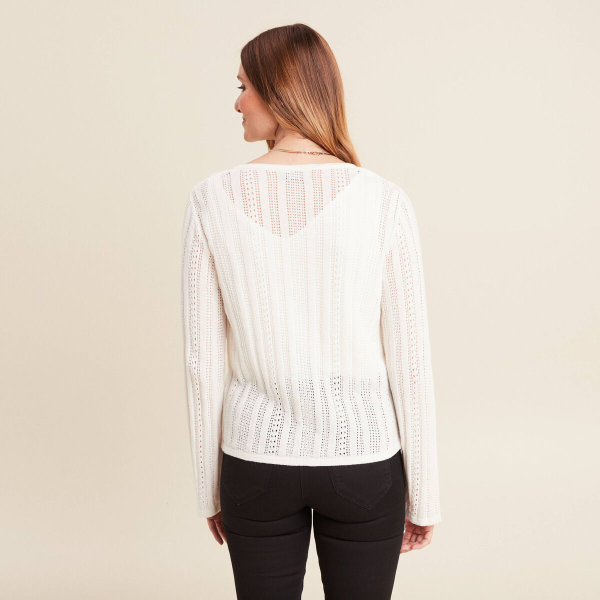 Gilet mi-long manches longues ecru femme