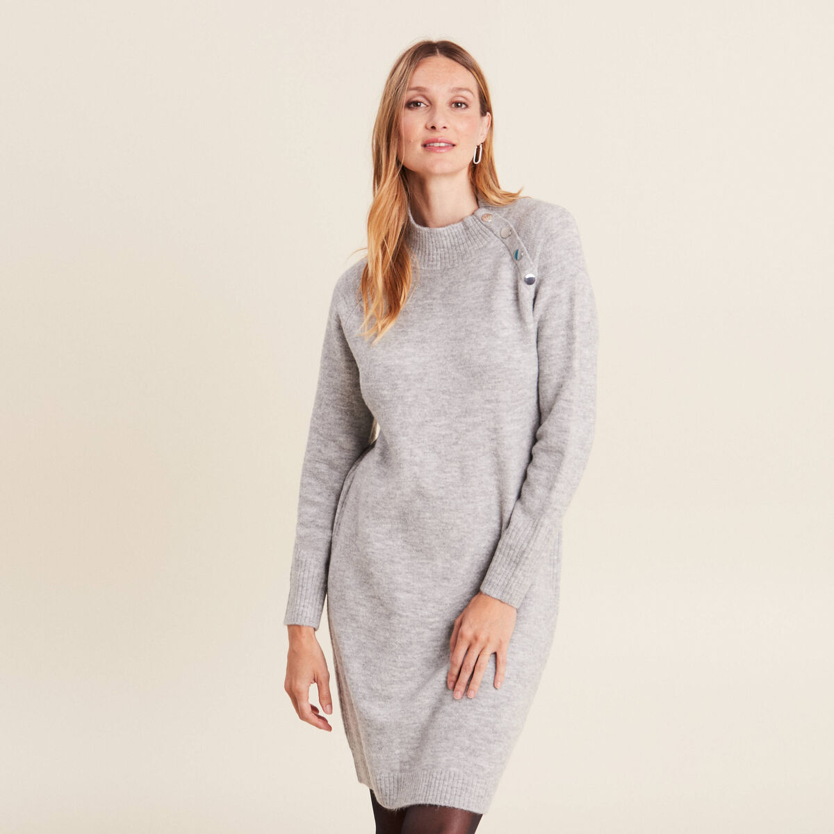Robe pull droite col montant gris clair femme
