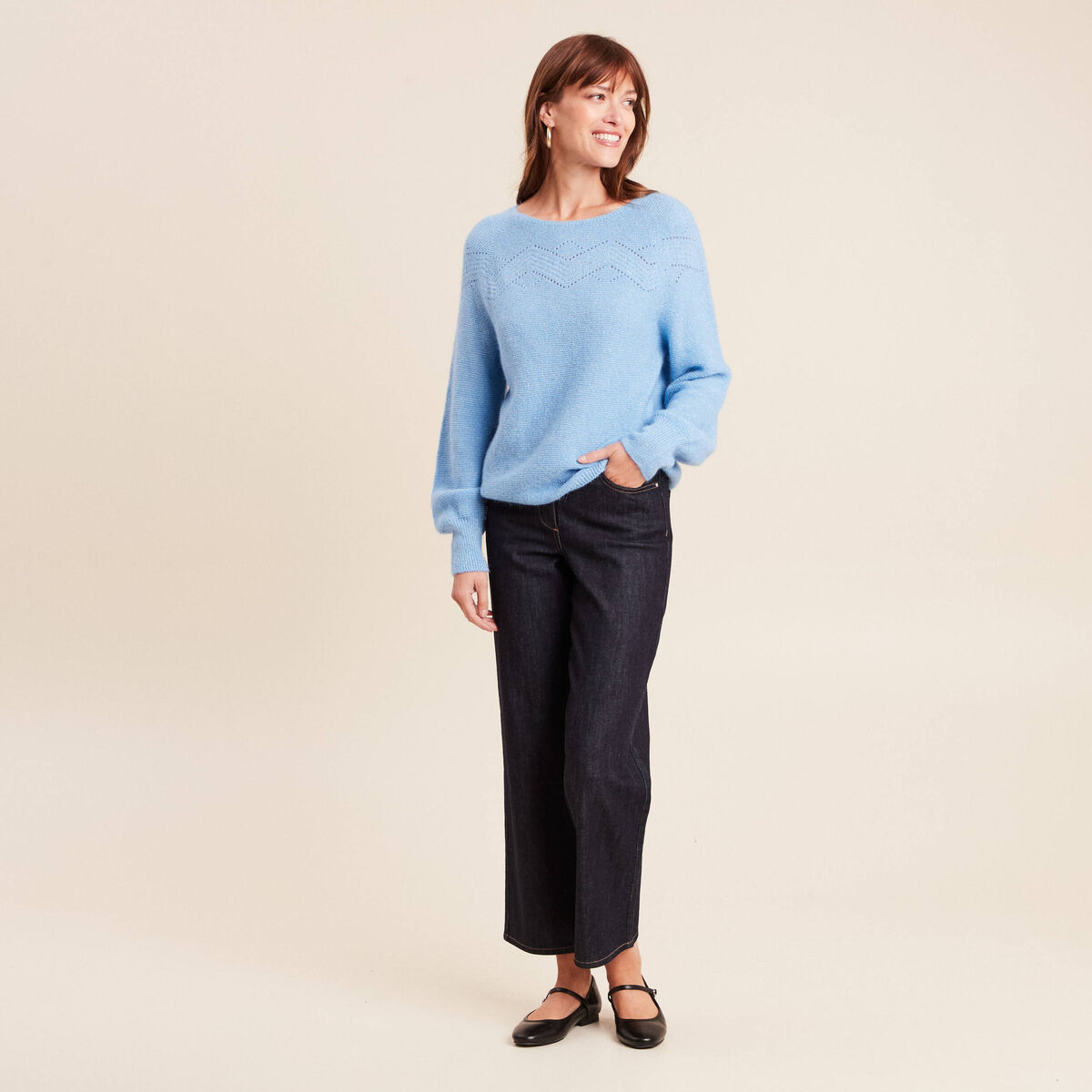Pull confectionn&eacute; en France bleu ciel femme