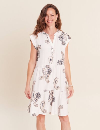 Robe courte &eacute;vas&eacute;e col tunisien brod&eacute;e bleu femme