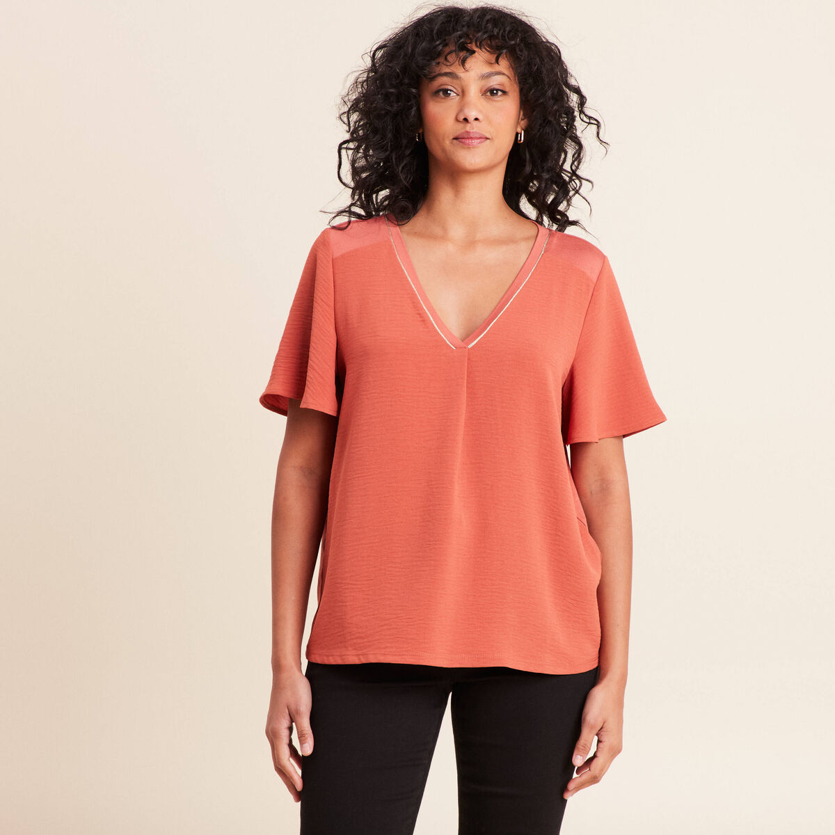 T-shirt bi-mati&egrave;re manches courtes vieux rose femme