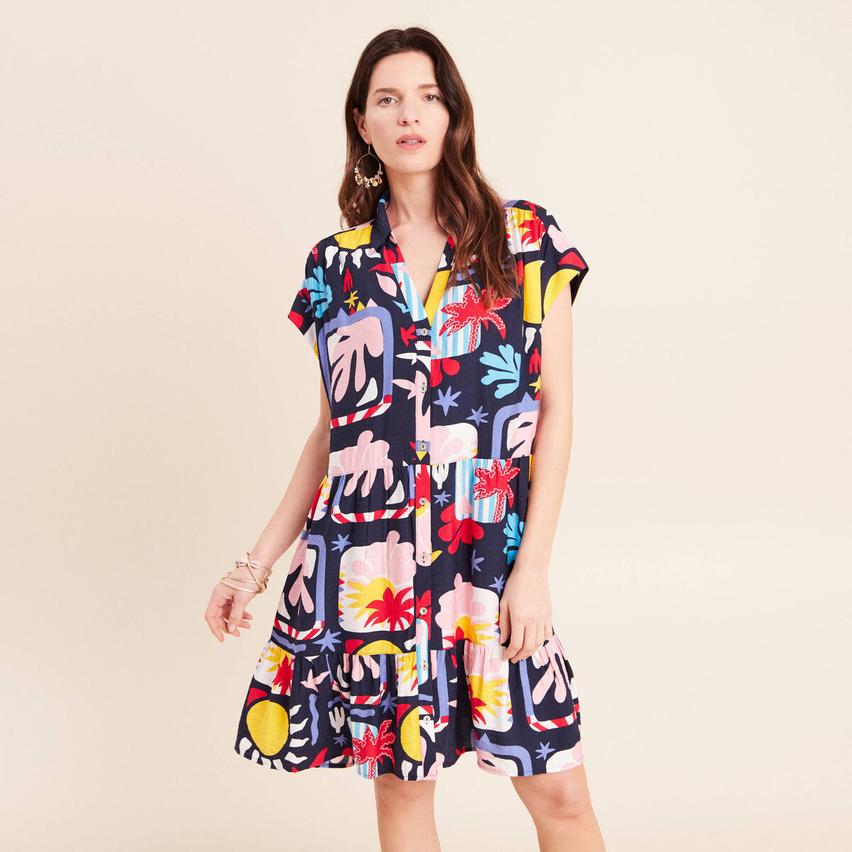 Robe courte &eacute;vas&eacute;e col chemise multicolore femme