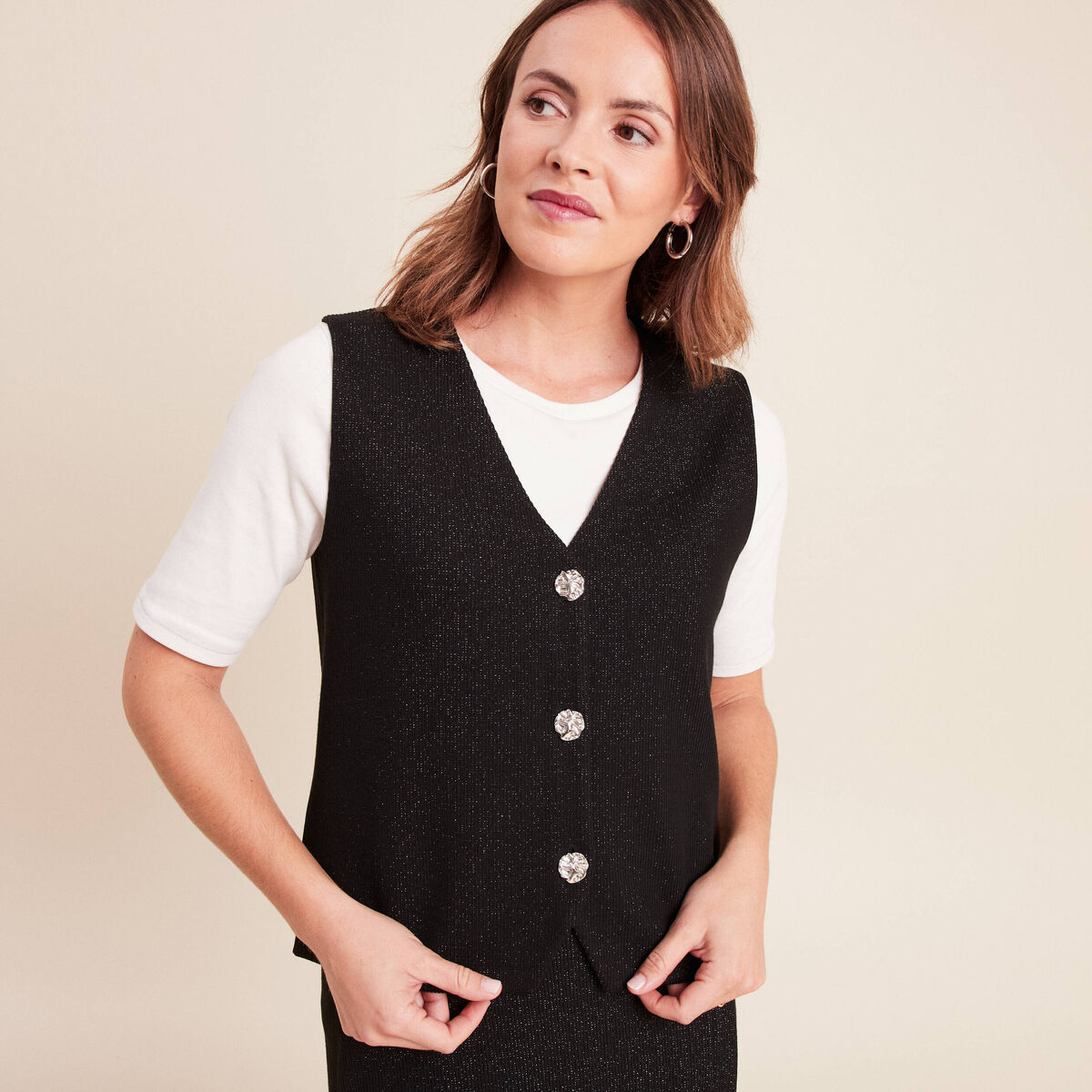 Gilet sans manches col v doubl&eacute; noir femme