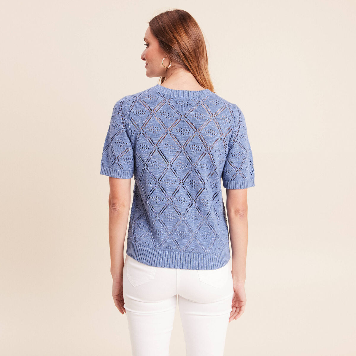 Pull droit court manches courtes bleu ciel femme