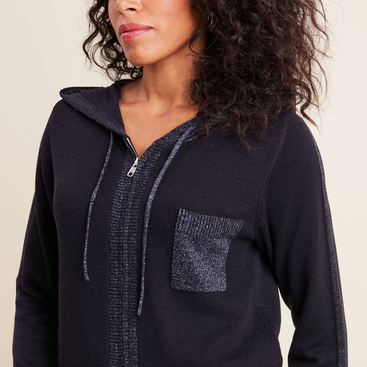 Gilet &agrave; capuche zipp&eacute; bleu fonc&eacute; femme