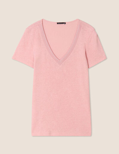 T-shirt manches courtes col en V vieux rose femme
