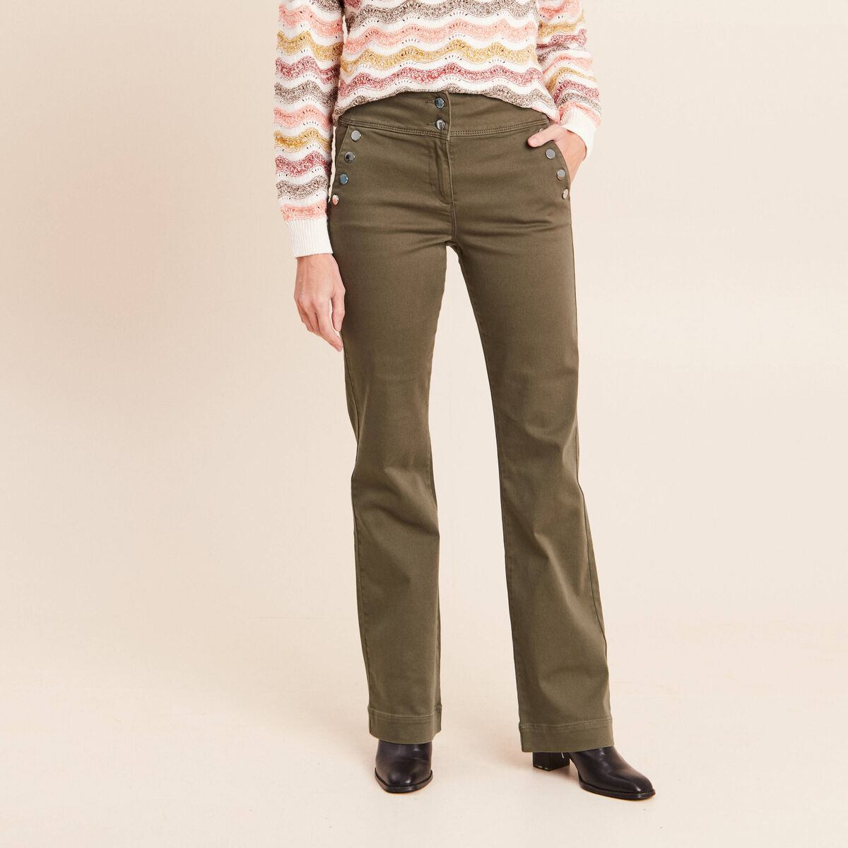Pantalon coupe bootcut &agrave; pont vert kaki femme