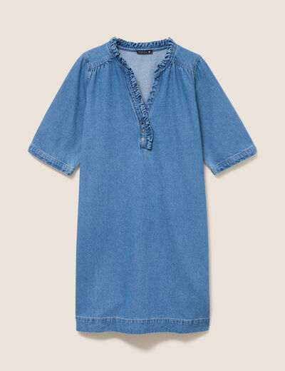 Robe courte &eacute;vas&eacute;e jean col montant denim double stone femme
