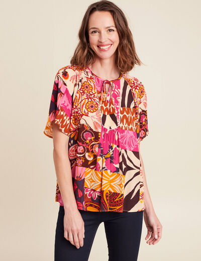 blouse ample crêpe col tunisien rose femme