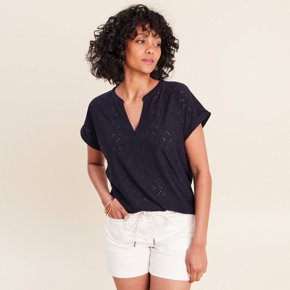 T-shirt droit manches courtes bleu marine femme