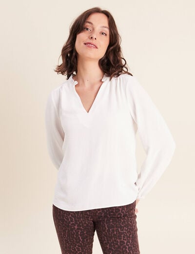 Blouse col v manches longues fluide ecru femme