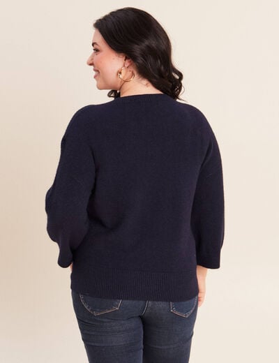 Pull droit col rond manches 3/4 bleu marine femme