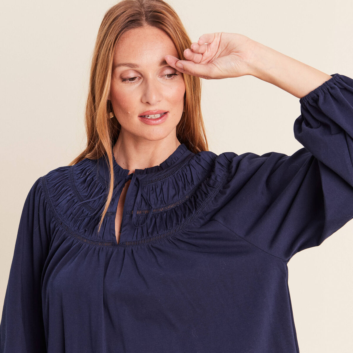 Blouse col tunisien manches longues bleu marine femme