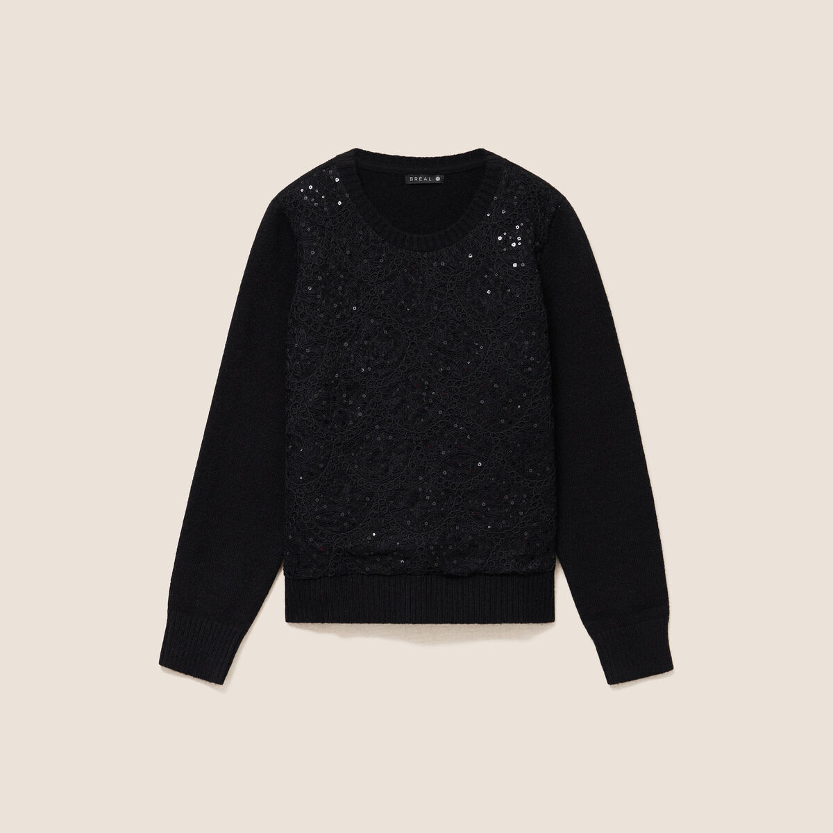 Pull col rond &agrave; strass noir femme