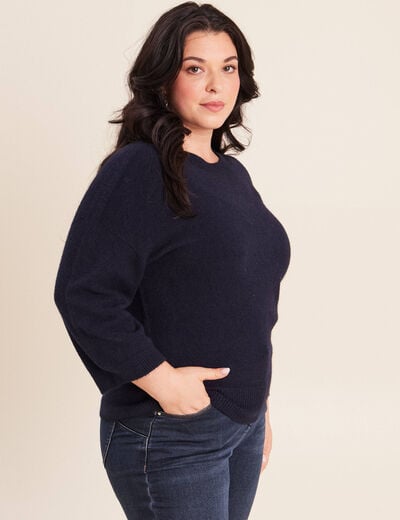 Pull droit col rond manches 3/4 bleu marine femme