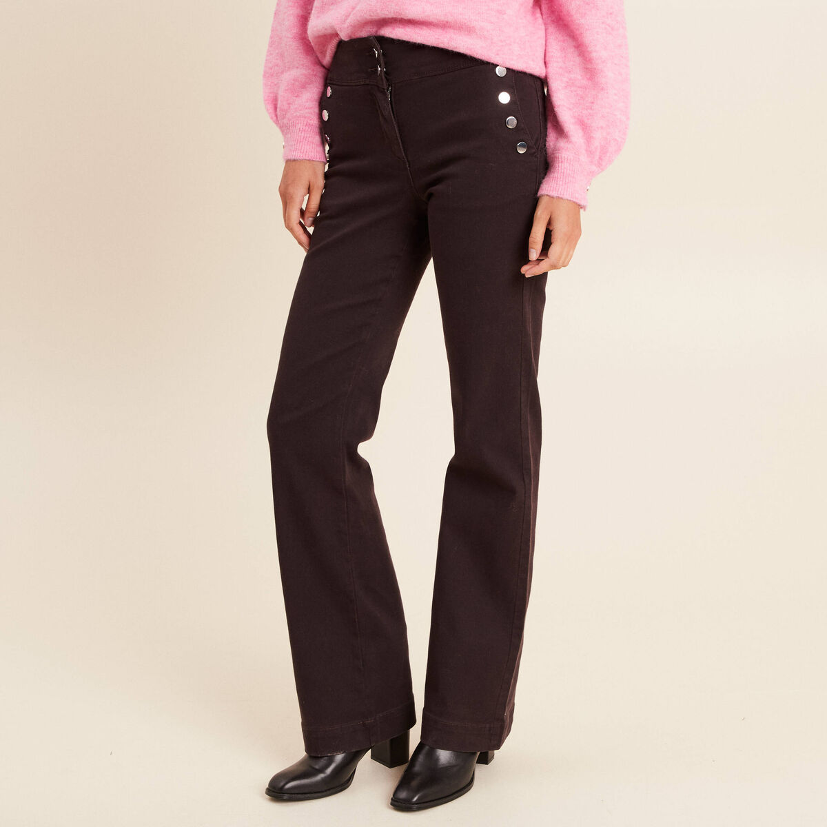 Pantalon coupe bootcut &agrave; pont marron fonc&eacute; femme