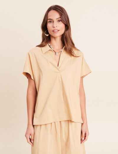 Blouse ample col chemise manches courtes beige femme